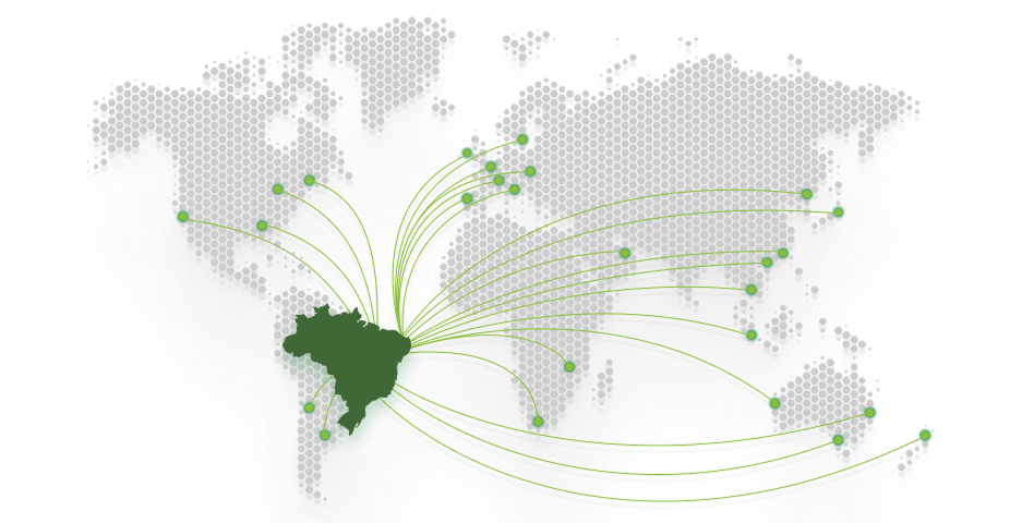 Mapa-múndi com conexões internacionais partindo do Brasil